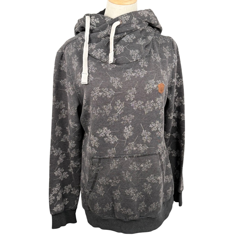 DJT Womens Medium Hoodie Gray Botanical Leaf‎ Print Funnel Neck Owl Patch GUC